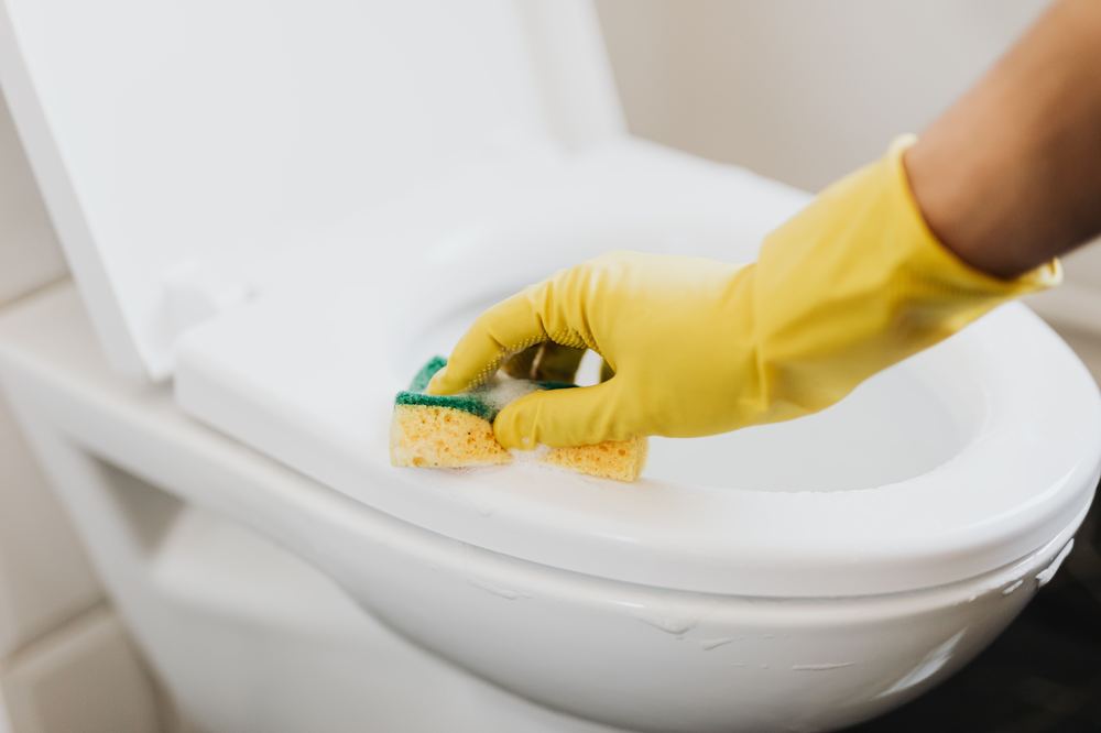 A gloved hand scrubbing a toilet seat
